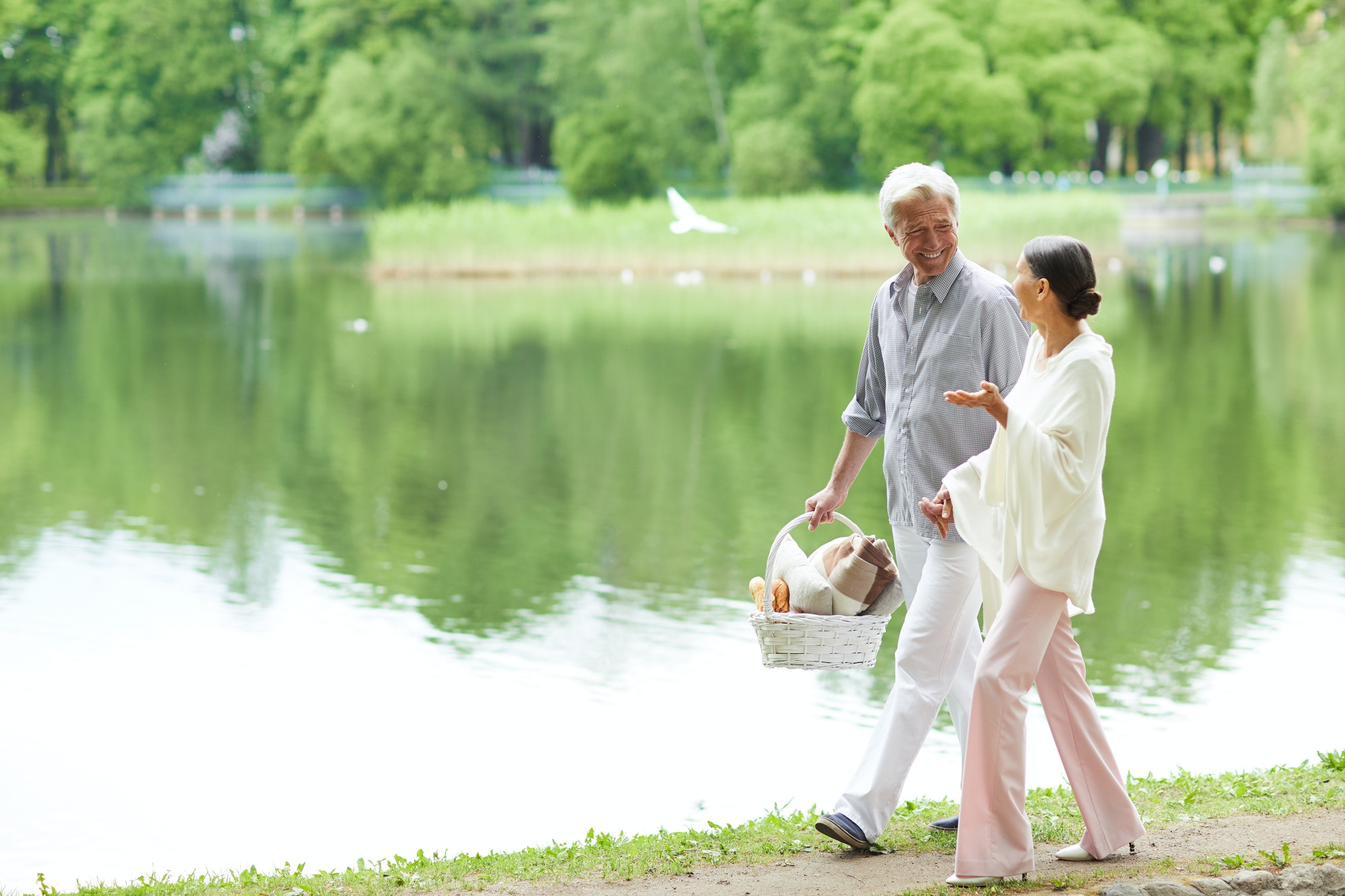 Senior couple in Springfield Missouri enjoying a walk about the lake while discussing their medicare options.